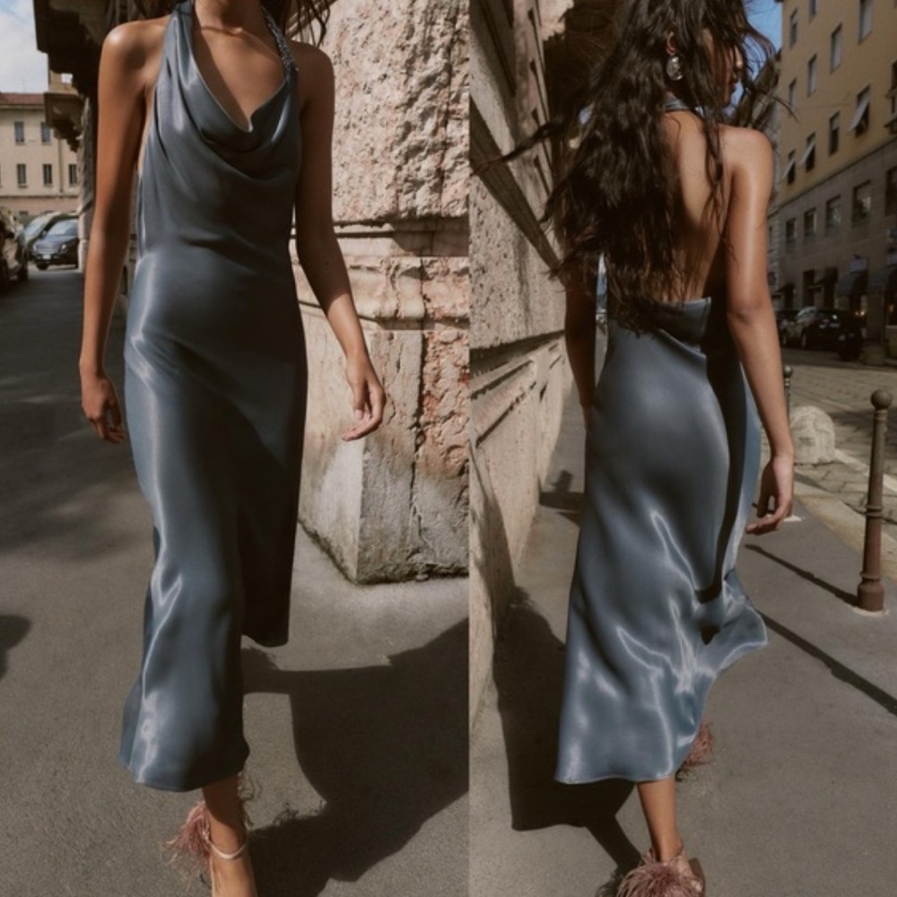 Zara NWT asymmetric beaded satin effect midi dress gray 5029/208